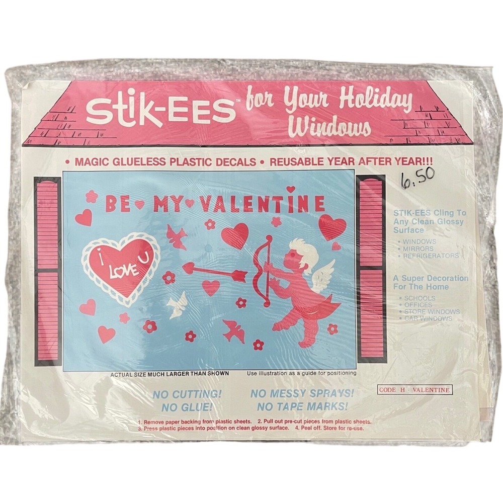 Vtg Stik-ees Window Clings valentine code h 90s Teacher School Cupid heart love
